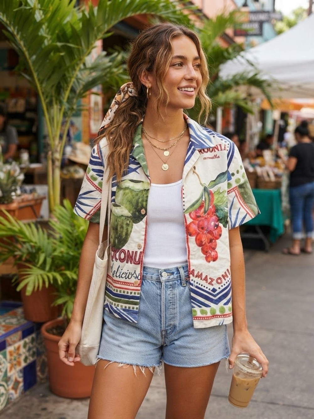 Rachel Zoe Tropical Fruit Linen Blend Short Sleeve Button-Down Shirt Kawaii Chic
